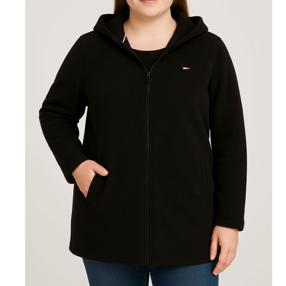 Tommy Hilfiger Black Fleece Zip Up Hooded Jacket Women’s Medium Long Coat - Picture 1 of 14
